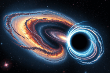 Ilustrație a unei găuri negre supermasive rătăcitoare străbătând galaxii în coliziune, generând undă de șoc și coadă de 200.000 ani lumină.