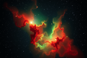 Nebuloasa NGC 2264, asemănătoare cu un brad de Crăciun, în constelația Monoceros, cu stele strălucitoare și culori vibrante.