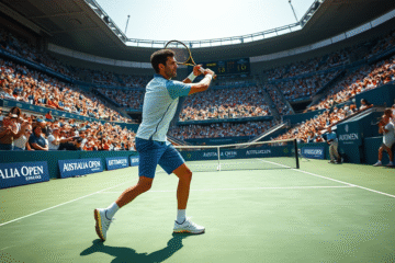 Novak Djokovic sărbătorind victoria în turul trei al Australian Open, după înfrângerea lui Francesco Maestrelli, în drumul său spre un nou record în Grand Slam.