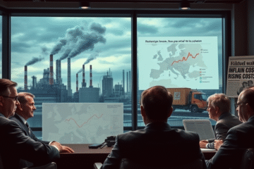 Infografic despre impactul războiului din Iran asupra economiei Europei, evidențiind riscurile de stagflație și efectele asupra inflației.