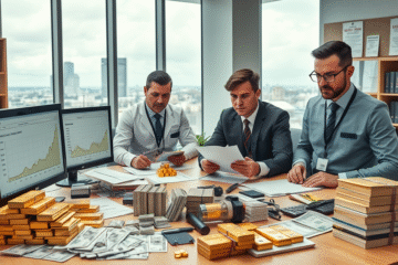 Inspectorii antifraudă confiscând fonduri de la o firmă de schimb valutar ilegal.