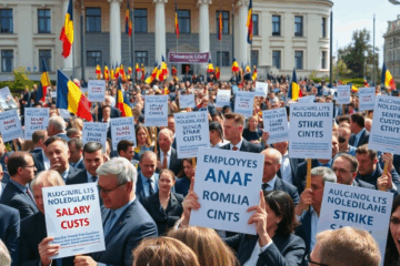 Angajații din ANAF și Finanțe protestând împotriva modificărilor legii salarizării.