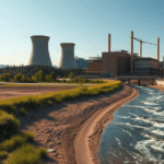 Imagine cu centrala nucleară Cernavodă, evidențiind oprirea controlată a Unității 1 din cauza debitelor scăzute ale Dunării.