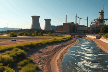Imagine cu centrala nucleară Cernavodă, evidențiind oprirea controlată a Unității 1 din cauza debitelor scăzute ale Dunării.