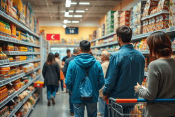 Grafic care ilustrează creșterea inflației și impactul acesteia asupra prețurilor în supermarketuri.